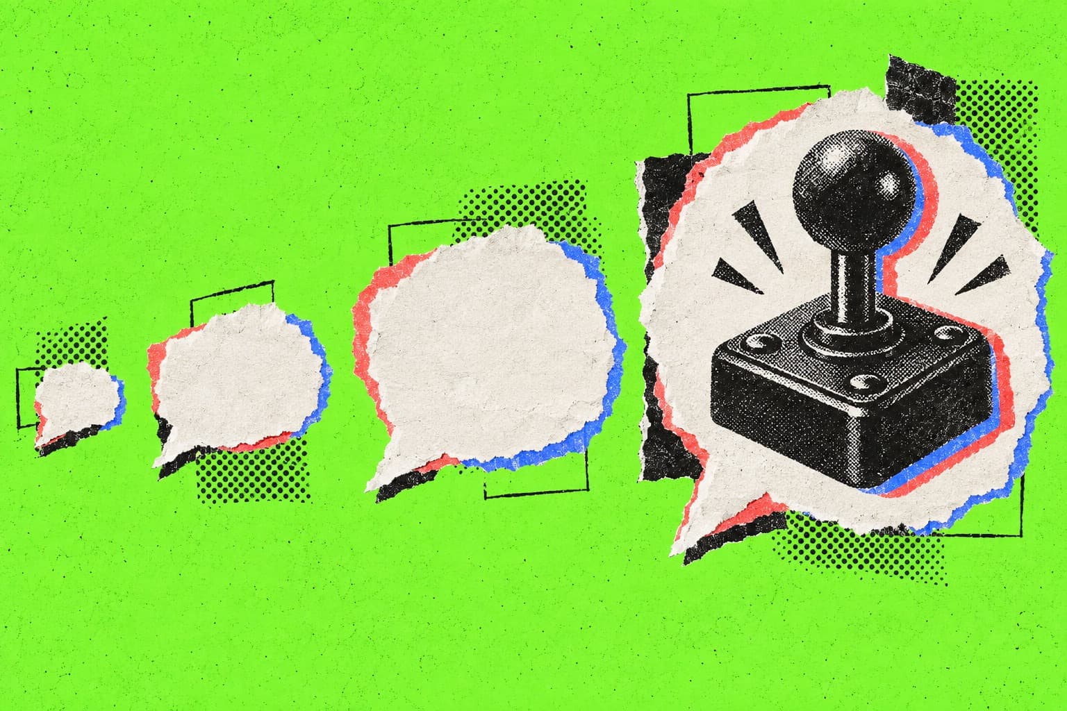 Zine-style collage: four torn paper speech bubbles growing left to right across a bright green ground, the largest holding a retro arcade joystick.
