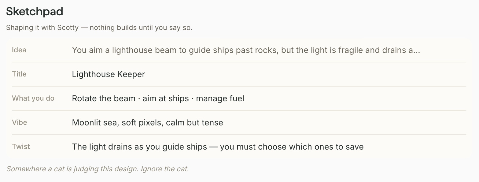 The same sketchpad with every row filled: a title, a verb list under What you do, a vibe, and a twist about the light draining as you guide ships.