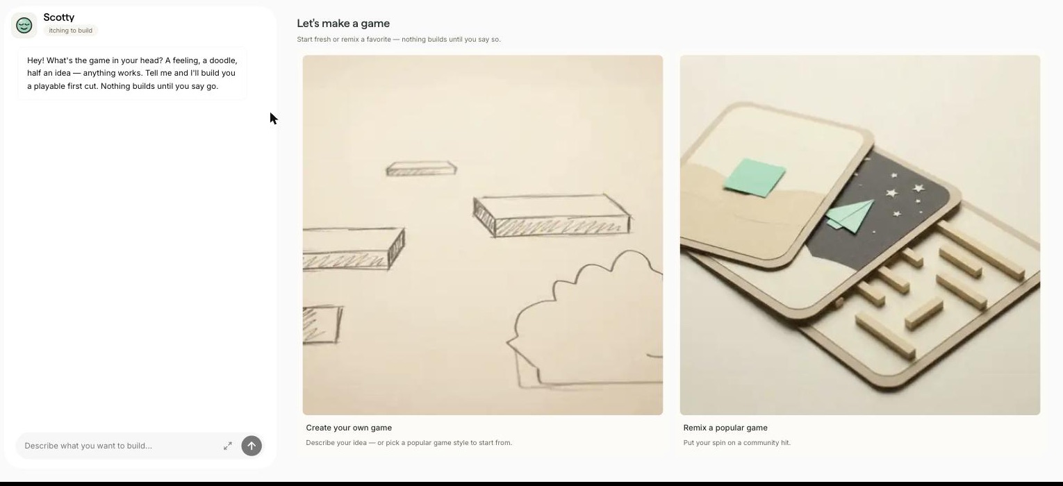 The Makermint create screen: Scotty's opening message on the left, and two cards — create your own game, or remix a popular one.